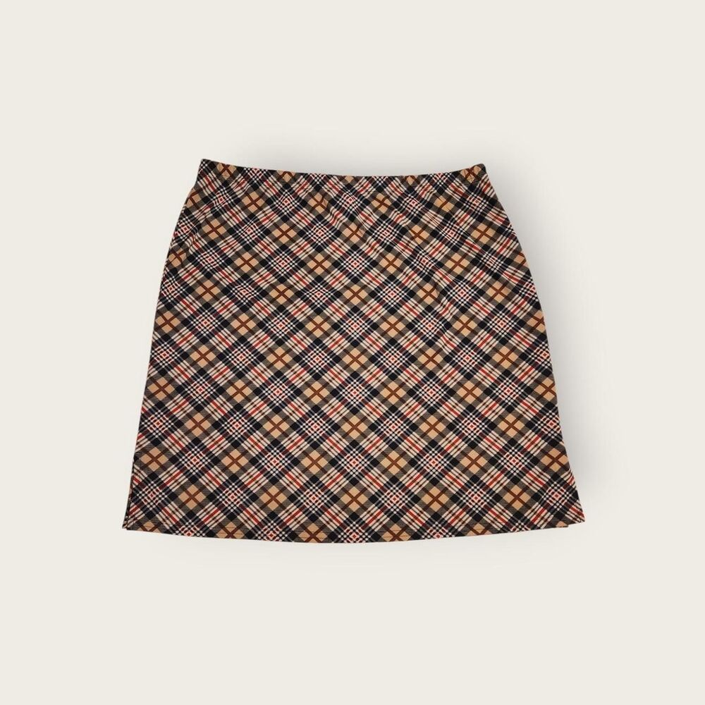 Vintage Y2k early 2000s Hillard and Hanson brown plaid elastic waist midi skirt